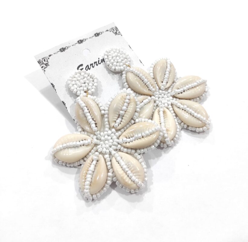 White Cowrie Shell Floral Earrings with Beaded Accents