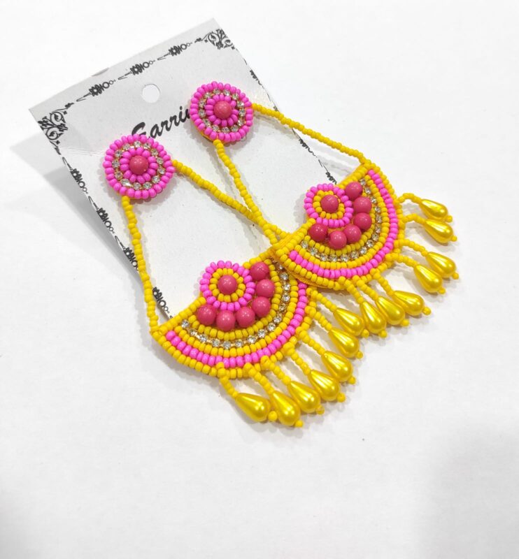 Yellow Handmade Beaded Chandelier Earrings