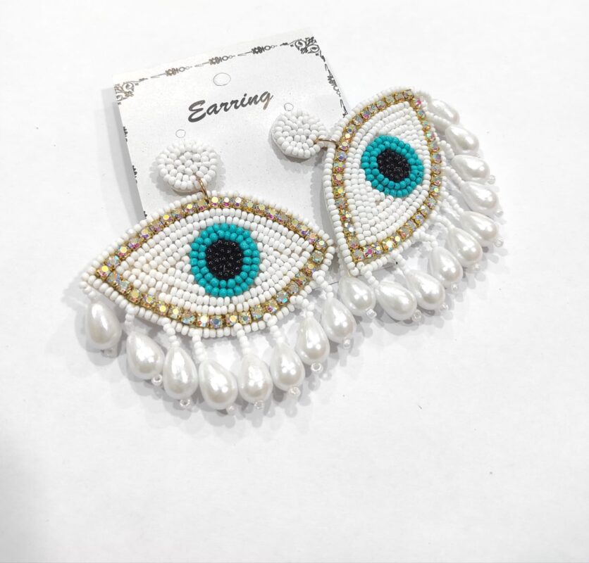 Evil Eye Beaded Fringe Earrings in White & Blue