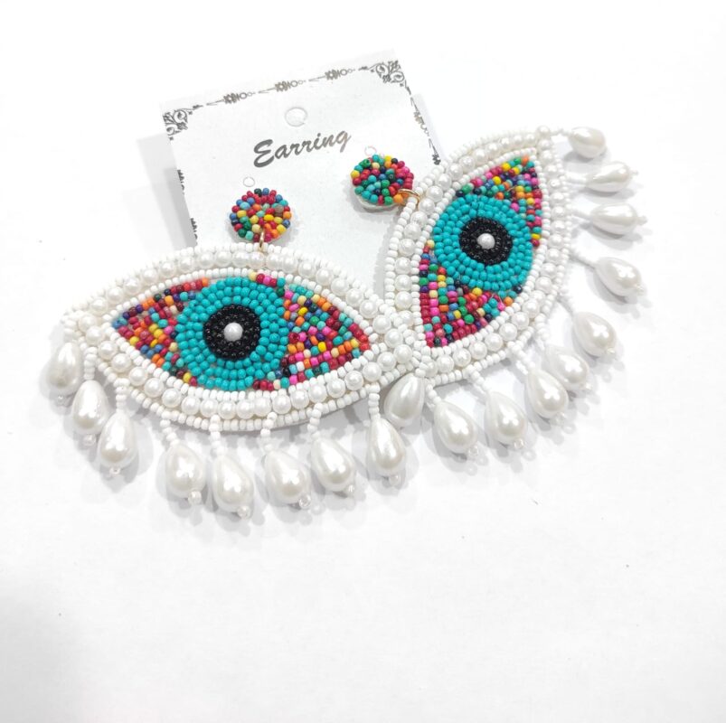 White & Blue Evil Eye Fringe Earrings