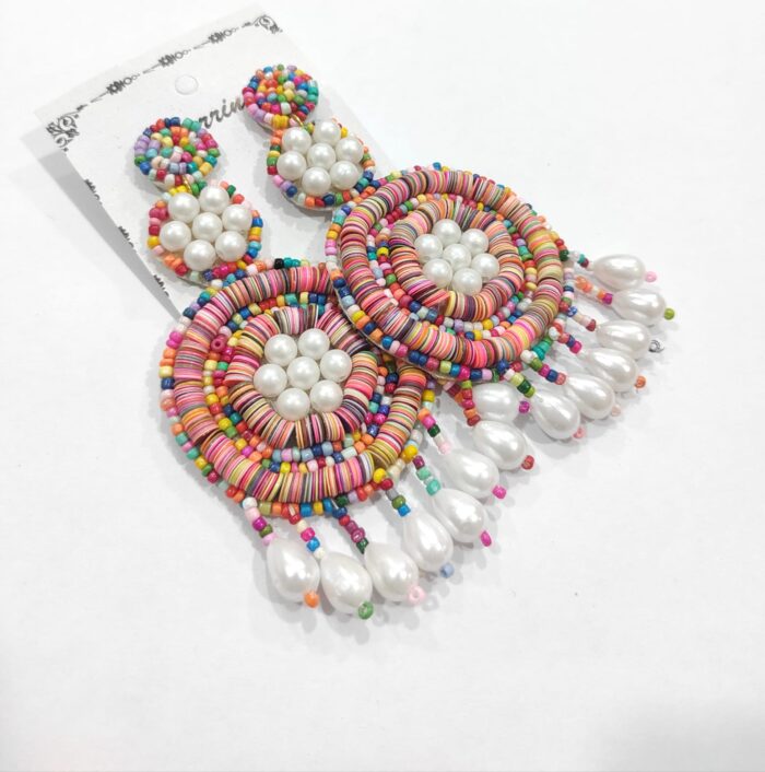 White Multicolor 3-Layer Handmade Beaded Earrings