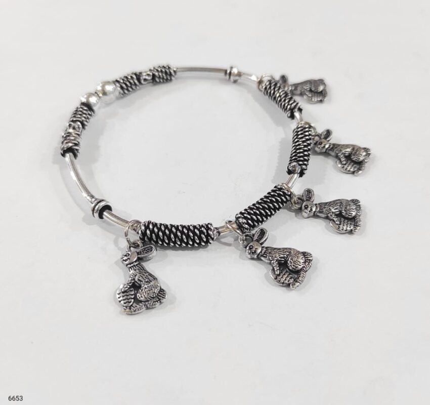 Oxidized Silver Traditional Charm Bangle Bracelet