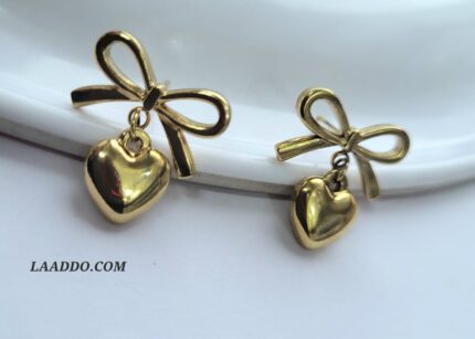 Heart Bow Style Anti tarnish Golden Stud Earrings