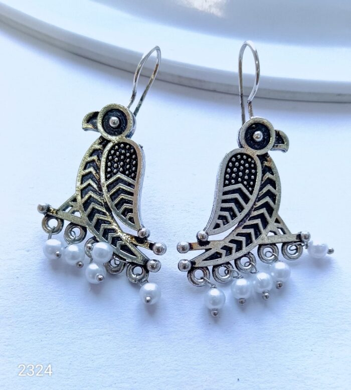 ADF Silver-Plated Oxidised Beaded Parrot Earrings for Women & Girls