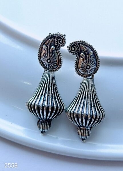 Oxidised Silver Kundan Drop Jhumka Earrings