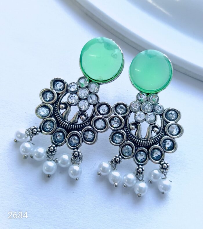 Monalisa Stone Silver Replica Three Jhumki Earrings