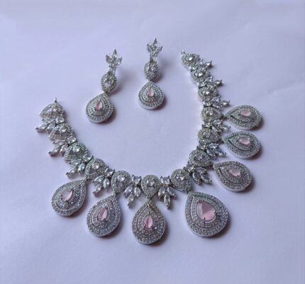 ZENEME Rhodium-Plated American Diamond Studded Teardrop Tasselled pink colour Necklace With Earrings Jewellery Set For Girls and Women
