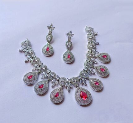 ZENEME Rhodium-Plated American Diamond Studded Teardrop Tasselled red colour Necklace With Earrings Jewellery Set For Girls and Women