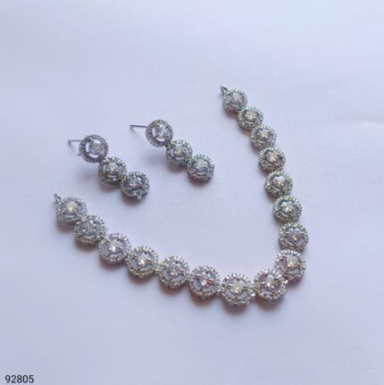 ZENEME Rhodium-Plated American Diamond Studded Teardrop Tasselled silver colour Necklace With Earrings Jewellery Set For Girls and Women