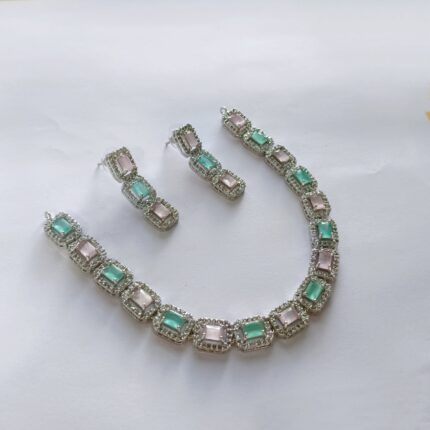 ZENEME Rhodium-Plated American Diamond Studded Teardrop Tasselled sea green colour Necklace With Earrings Jewellery Set For Girls and Women