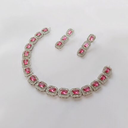 ZENEME Rhodium-Plated American Diamond Studded Teardrop Tasselled rad colour Necklace With Earrings Jewellery Set For Girls and Women