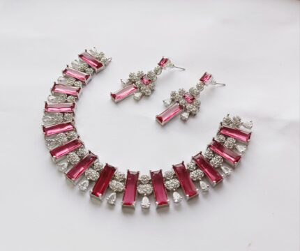 ZENEME Rhodium-Plated American Diamond Studded Teardrop Tasselled Necklace With Earrings Jewellery Set For Girls and Women