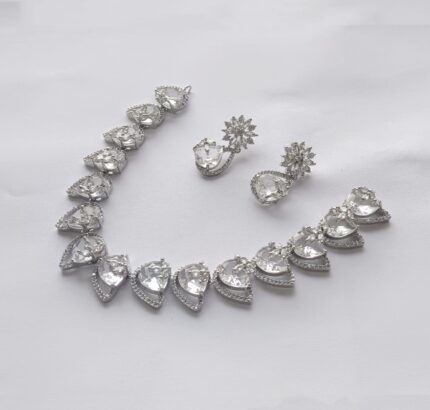 ZENEME Rhodium-Plated American Diamond Studded Teardrop Tasselled silver colour Necklace With Earrings Jewellery Set For Girls and Women