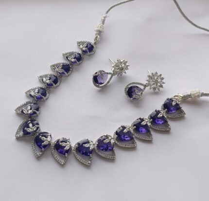 ZENEME Rhodium-Plated American Diamond Studded Teardrop Tasselled purple colour Necklace With Earrings Jewellery Set For Girls and Women