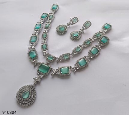 ZENEME Rhodium-Plated American Diamond Studded Teardrop Tasselled sea green colour Necklace With Earrings Jewellery Set For Girls and Women