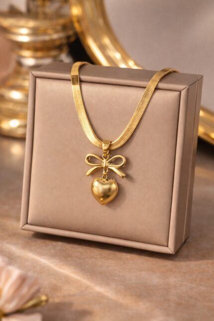 Gold Plated Bow Heart Necklace for Women | Stainless Steel Anti Tarnish Chain | Elegant Daily Wear Jewellery
