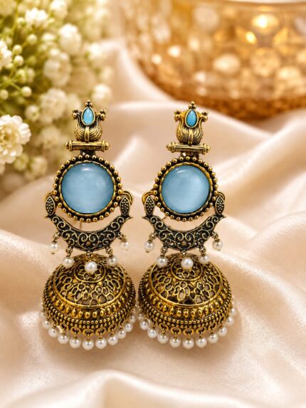 Sky Blue Antique Pearl Jhumka Earrings