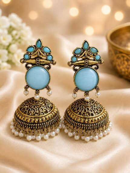 Antique Sky Blue Pearl Jhumka Earrings