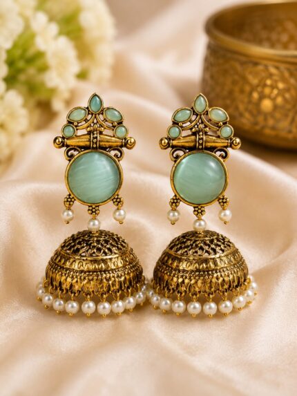 Elegant Mint Green Pearl Jhumka Earrings