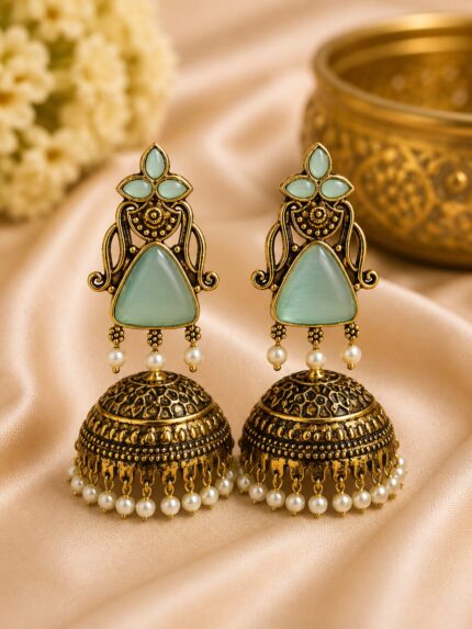 Classic Mint Green Antique Jhumka Earrings