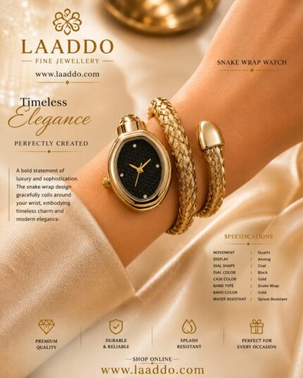 Luxury Gold Snake Wrap Bracelet Watch for Women – Black Dial Fashion Watch