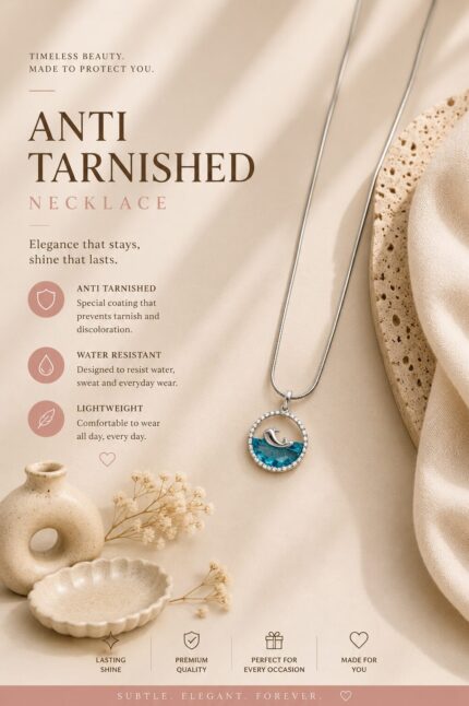 Ocean Wave Silver Anti Tarnish Pendant Necklace for Women | Stainless Steel Blue Crystal Chain Necklace