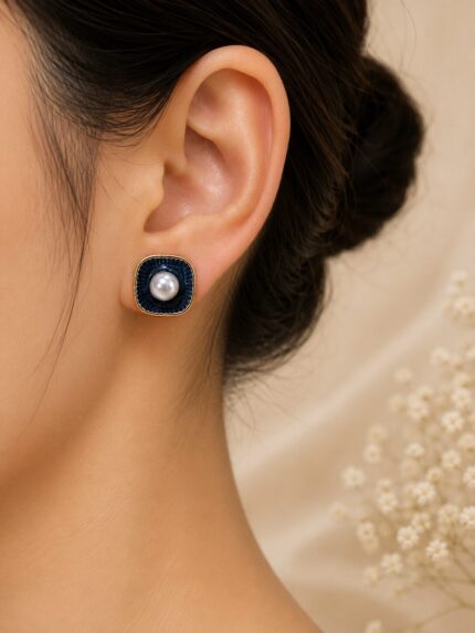 Navy Pearl Square Stud Earrings