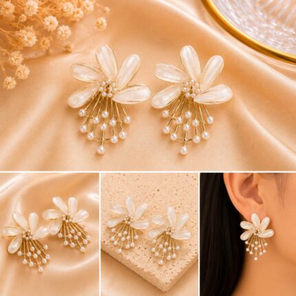 Golden Pearl Blossom Drop Earrings for Women