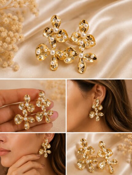 Luxury Pearl Flower Statement Earrings – Premium Gold Crystal Drop Earrings
