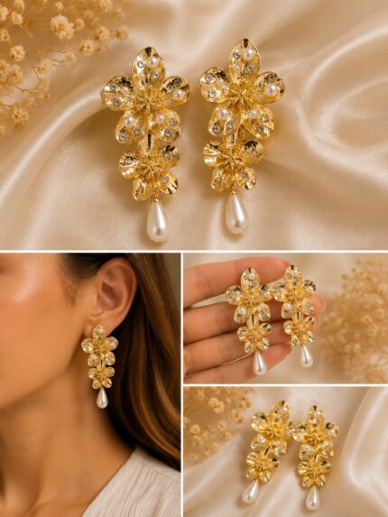 Luxury Gold Floral Pearl Drop Earrings – Premium Statement Earrings for Women