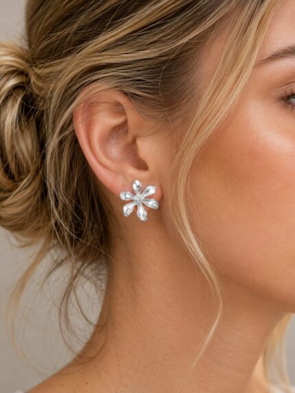 Silver Floral Statement Stud Earrings for Women