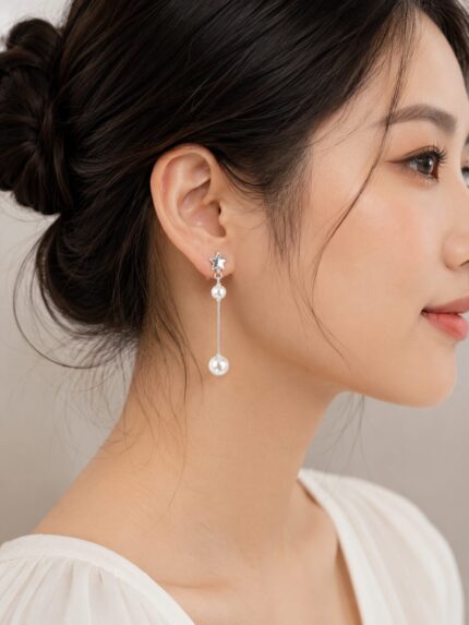 Silver Star Pearl Drop Earrings for Women