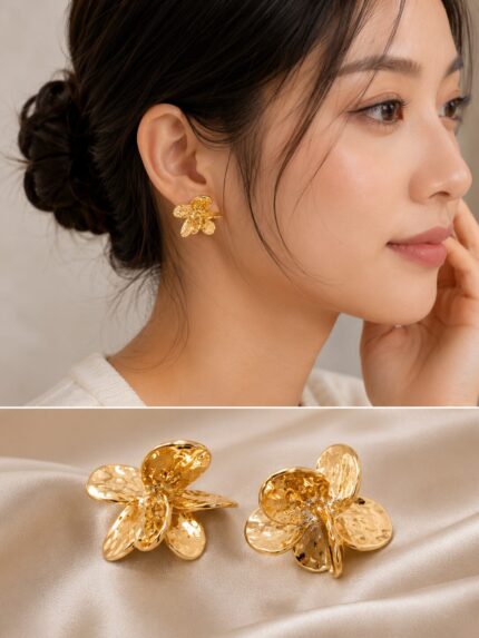 Luxury Gold Floral Statement Stud Earrings for Women