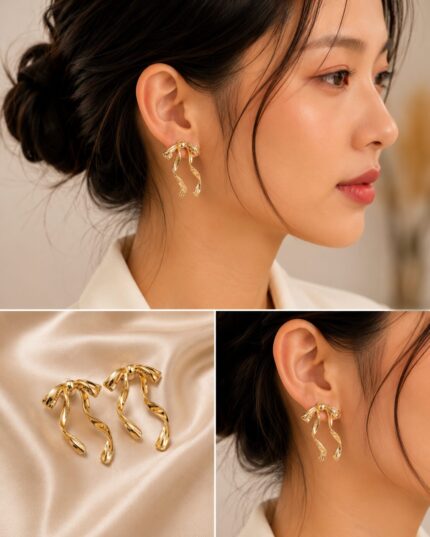 Elegant Gold Ribbon Drop Earrings for Women