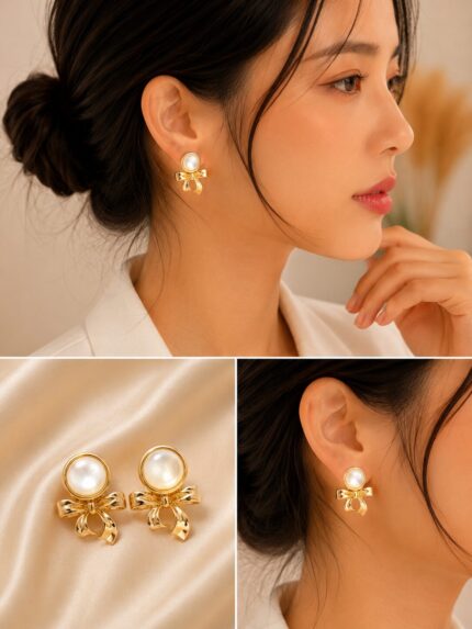 Luxury Pearl Bow Stud Earrings for Women