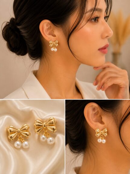 Luxury Gold Bow Pearl Drop Earrings for Women