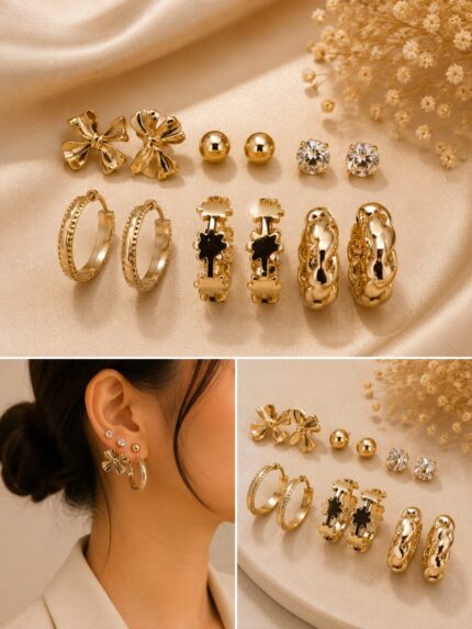 Luxury Gold Multi Earrings Set for Women | Korean Style Hoop & Stud Combo
