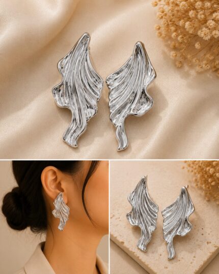 Silver Abstract Leaf Statement Earrings for Women