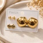 Luxury Gold Heart Earrings Set – Korean Style Chunky Stud & Minimal Heart Earrings Combo for Women