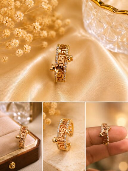 Luxury Greek Pattern Crystal Open Ring for Women | Gold Plated Adjustable Statement Ring