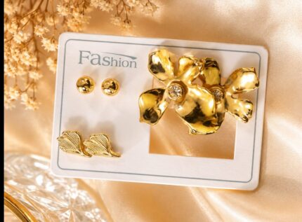 Luxury Gold Floral Statement Earrings Set – Korean Style Minimal Stud & Flower Earrings for Women