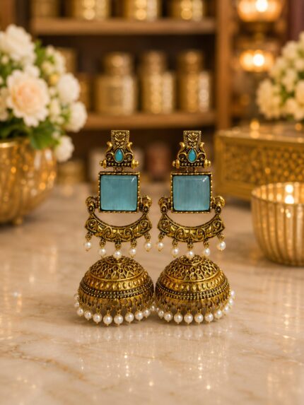Sky Blue Stone Antique Gold Jhumka Earrings – Pearl Drop Ethnic Earrings for Women