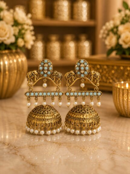 Elephant Design Antique Gold Jhumka Earrings – Sky Blue Stone Pearl Drop Ethnic Earrings