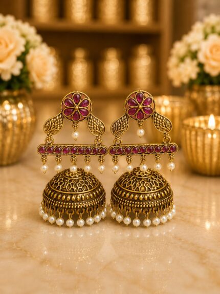 Ruby Pink Antique Gold Jhumka Earrings – Floral Pearl Drop Ethnic Earrings for Women