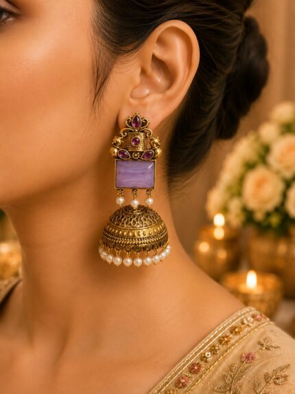 Lavender Stone Antique Gold Jhumka Earrings – Pearl Drop Ethnic Statement Earrings