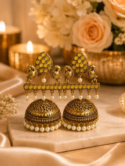 Mustard Yellow Antique Gold Jhumka Earrings – Pearl Drop Ethnic Statement Earrings
