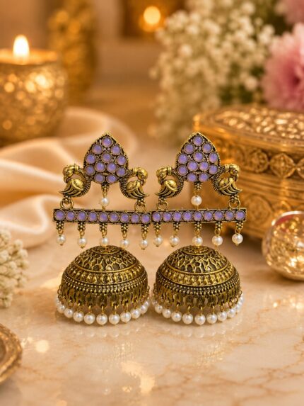 Lavender Pearl Antique Gold Jhumka Earrings – Peacock Design Ethnic Statement Earrings