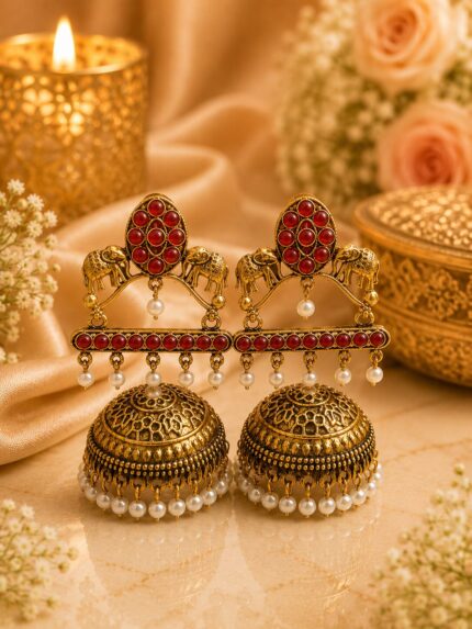 Ruby Red Elephant Antique Gold Jhumka Earrings – Pearl Drop Ethnic Statement Earrings