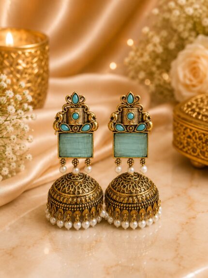 Turquoise Blue Antique Gold Jhumka Earrings – Pearl Drop Ethnic Statement Earrings