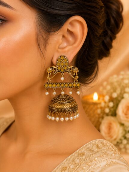Mustard Yellow Elephant Antique Gold Jhumka Earrings – Pearl Drop Ethnic Statement Earrings